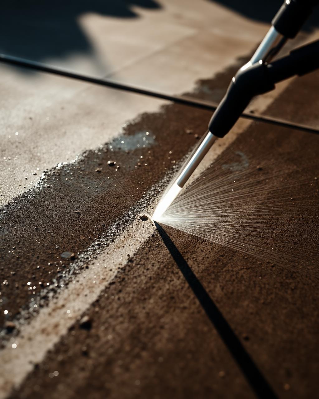 Pressure washer revealing clean concrete stripe through grime